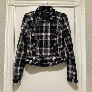 Miss Me Black, White, and Gray Plaid Tweed Moto Front Zip Jacket